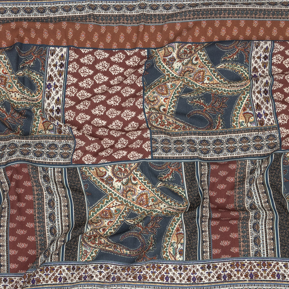 Gauzy Wrinkled Rayon Woven Print - Navy and Red Paisley Patchwork - Mood Exclusive Quilted Distinction