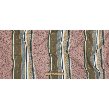 Gauzy Wrinkled Rayon Woven Print - Olive Green and Pink Floral Stripes - Mood Exclusive Encased Reveries Folded