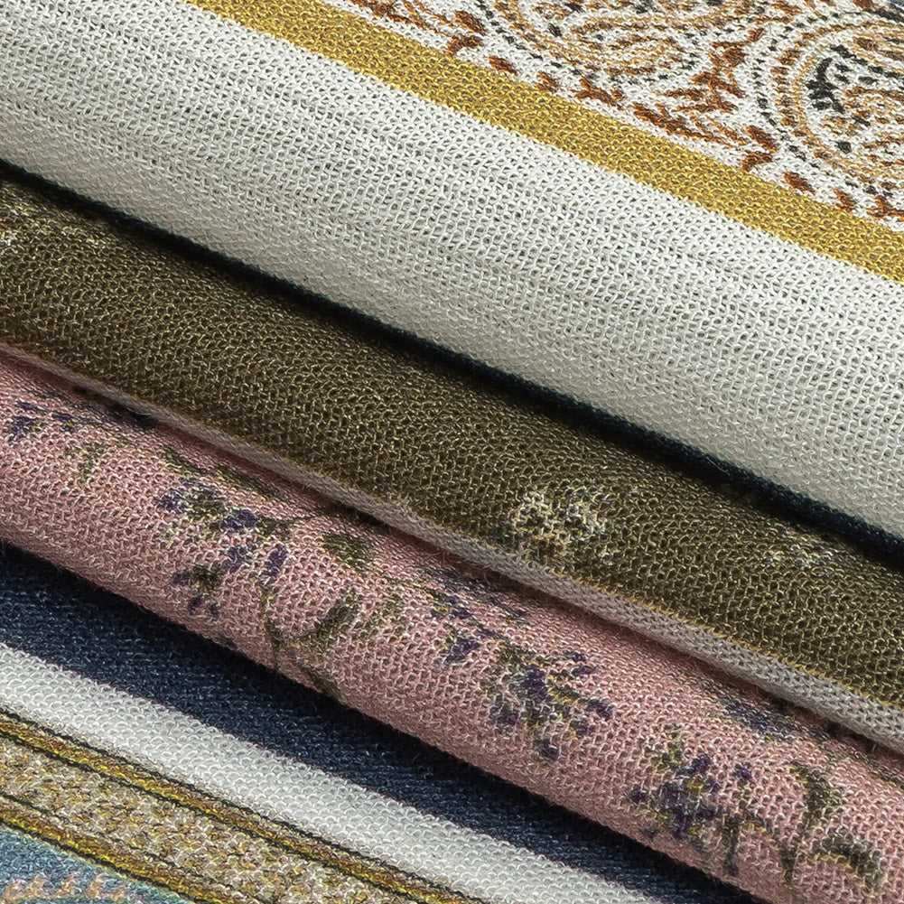 Gauzy Wrinkled Rayon Woven Print - Olive Green and Pink Floral Stripes - Mood Exclusive Encased Reveries Detail