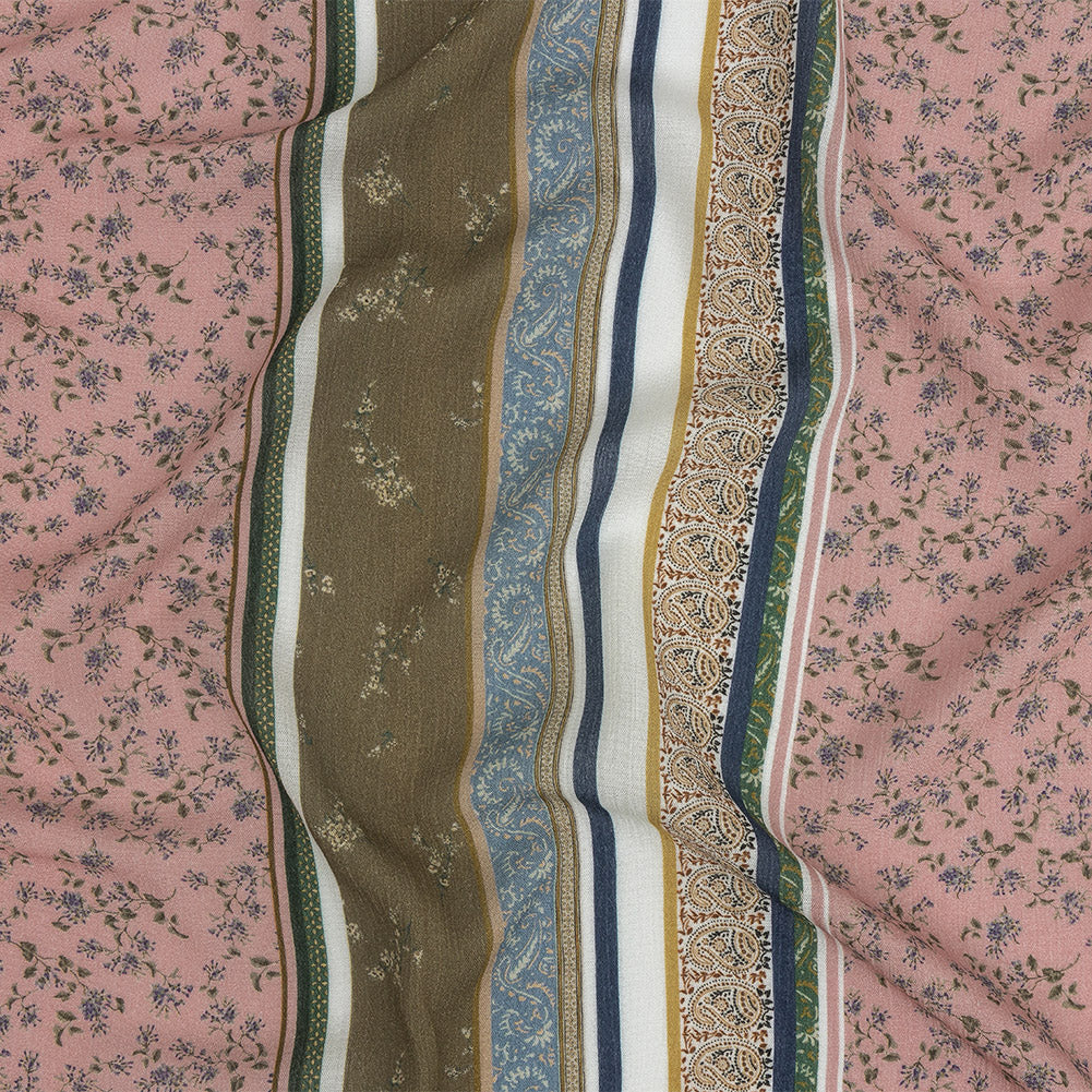 Gauzy Wrinkled Rayon Woven Print - Olive Green and Pink Floral Stripes - Mood Exclusive Encased Reveries