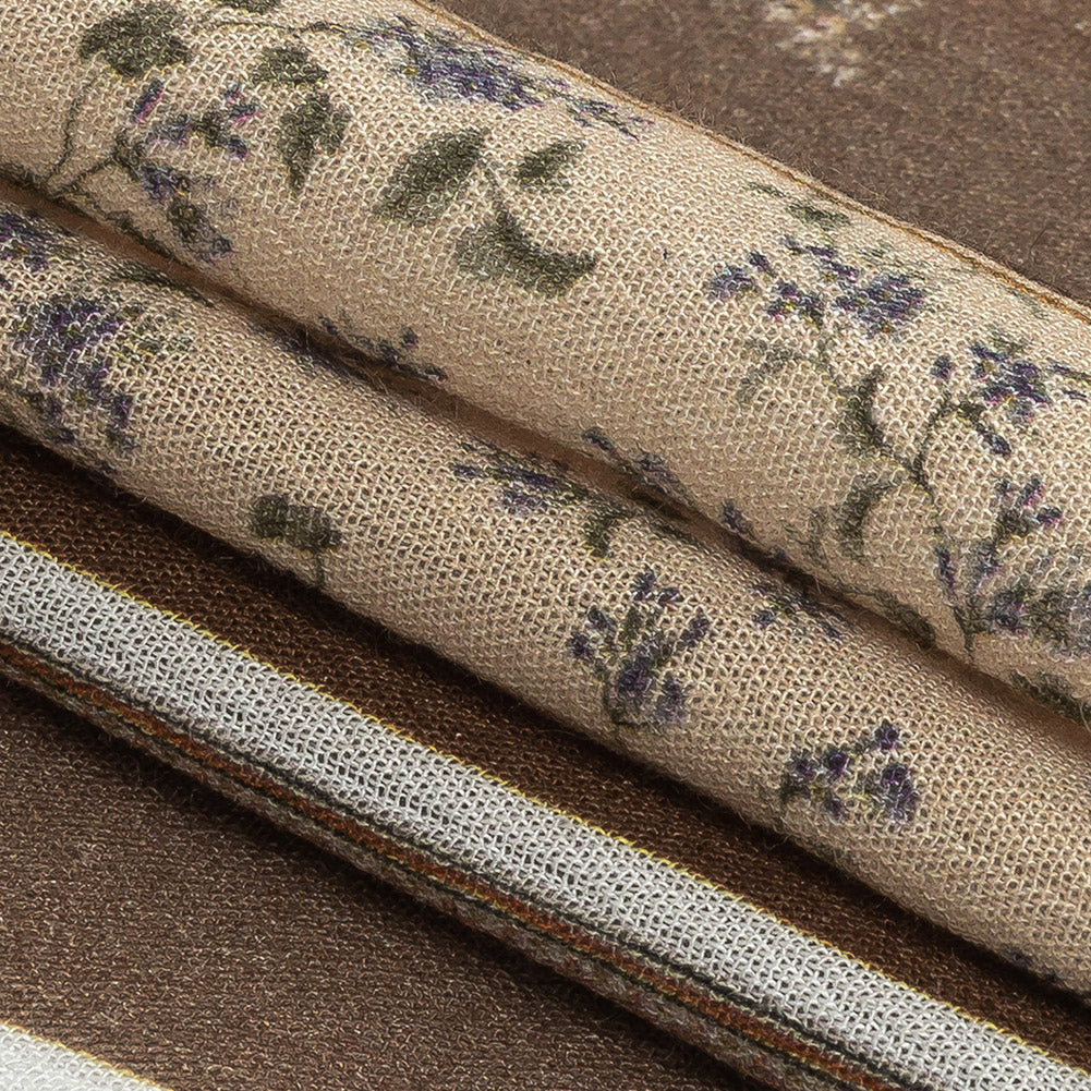 Gauzy Wrinkled Rayon Woven Print - Light Brown and Beige Floral Stripes - Mood Exclusive Encased Reveries Detail