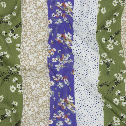 Gauzy Wrinkled Rayon Woven Print - Violet and Pea Green Floral Stripes - Mood Exclusive Perennial Paths