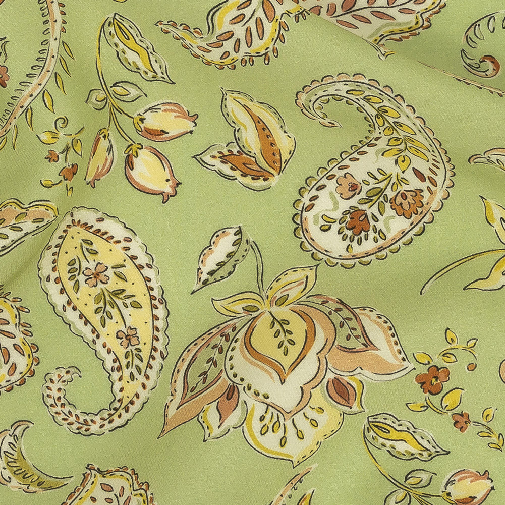 Viscose Twill Print - Light Green and Orange Paisley Floral - Mood Exclusive Paisley Daze Detail