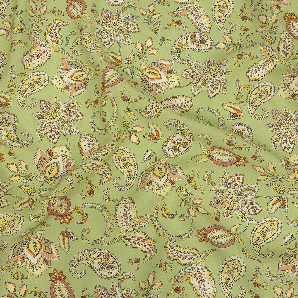 Viscose Twill Print - Light Green and Orange Paisley Floral - Mood Exclusive Paisley Daze