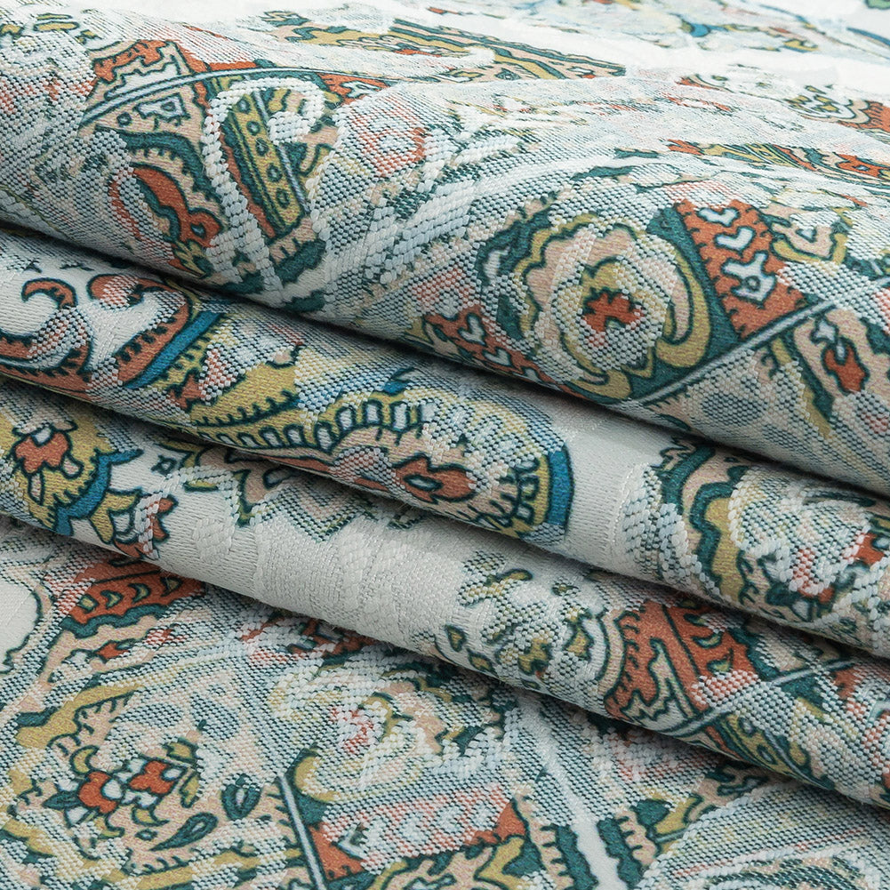 Stretch Floral Jacquard Print - Turquoise and Orange Ornate Medallions - Mood Exclusive Interlocking Configurations Folded