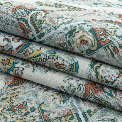 Stretch Floral Jacquard Print - Turquoise and Orange Ornate Medallions - Mood Exclusive Interlocking Configurations Folded