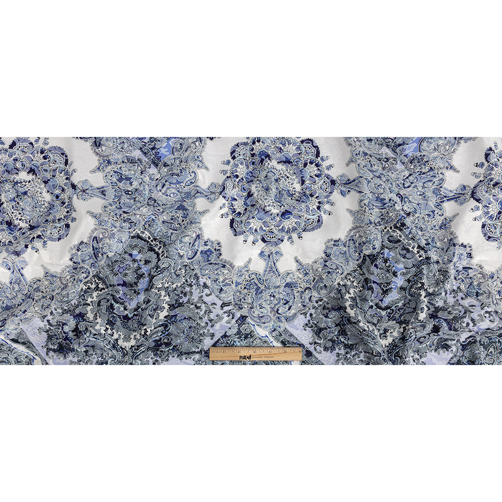 Stretch Floral Jacquard Print - Navy and White Paisley Medallions - Mood Exclusive Divine Dream Full