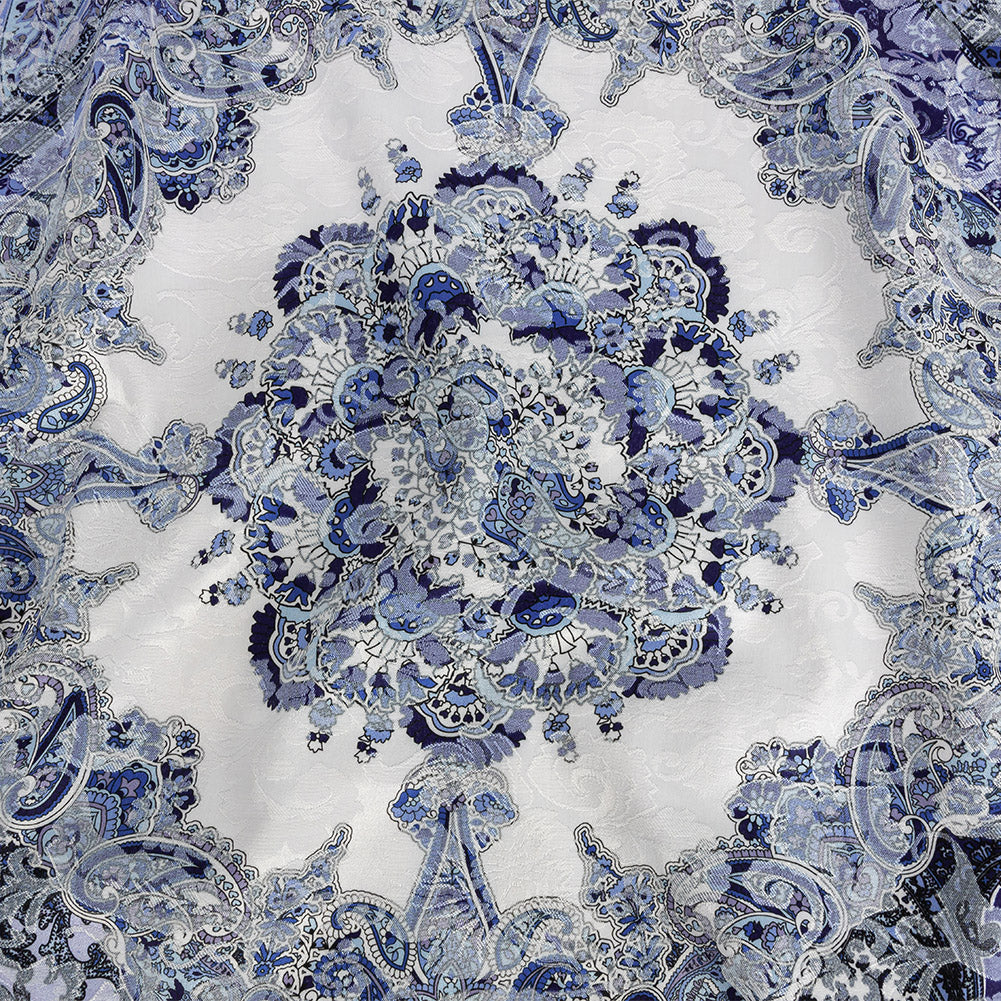 Stretch Floral Jacquard Print - Navy and White Paisley Medallions - Mood Exclusive Divine Dream