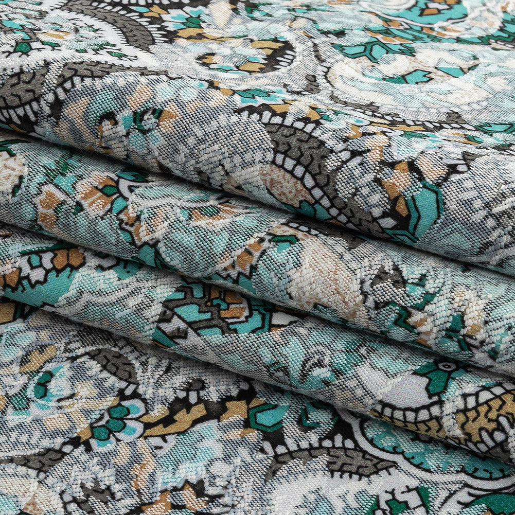 Stretch Floral Jacquard Print - Turquoise and Orange Ornate Paisley - Mood Exclusive Baroque Embellishments Folded