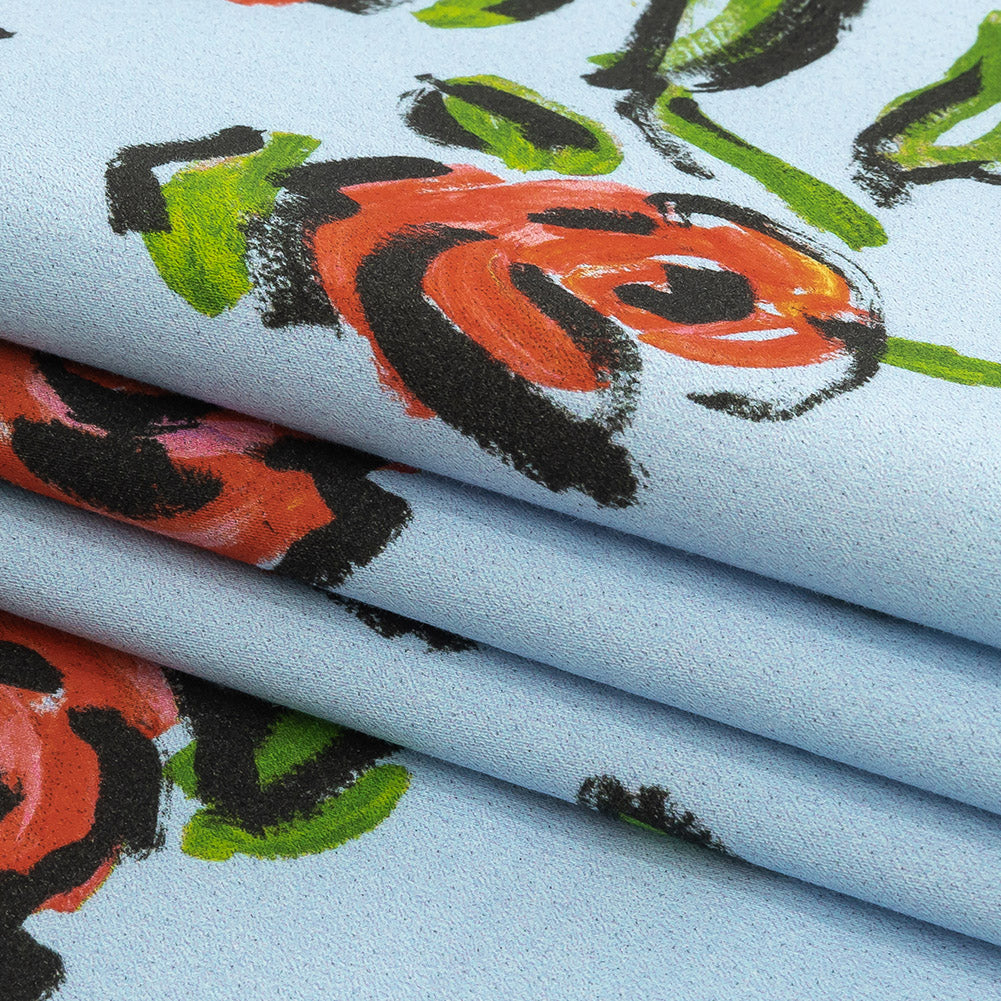 Stretch Cotton and Viscose Sateen Print - Light Blue, Red and Green Roses - Mood Exclusive Mostly Rosy Detail