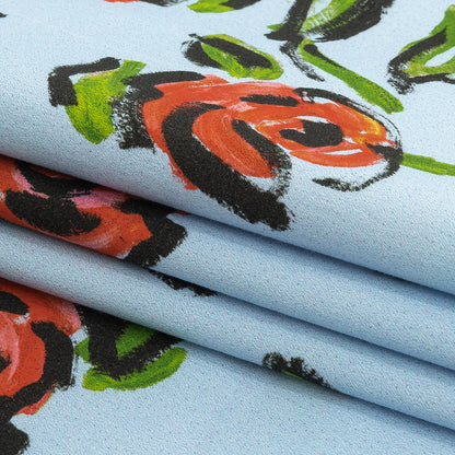 Stretch Cotton and Viscose Sateen Print - Light Blue, Red and Green Roses - Mood Exclusive Mostly Rosy Detail