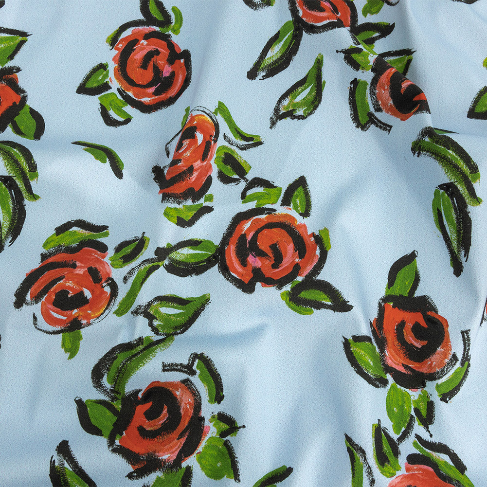 Stretch Cotton and Viscose Sateen Print - Light Blue, Red and Green Roses - Mood Exclusive Mostly Rosy