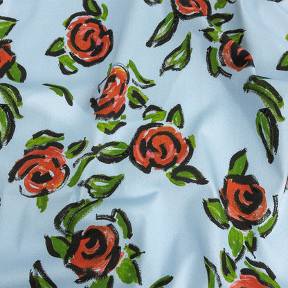Stretch Cotton and Viscose Sateen Print - Light Blue, Red and Green Roses - Mood Exclusive Mostly Rosy