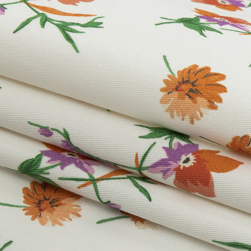 Stretch Cotton Twill Print - White and Orange Floral - Mood Exclusive Incandescent Waltz Folded