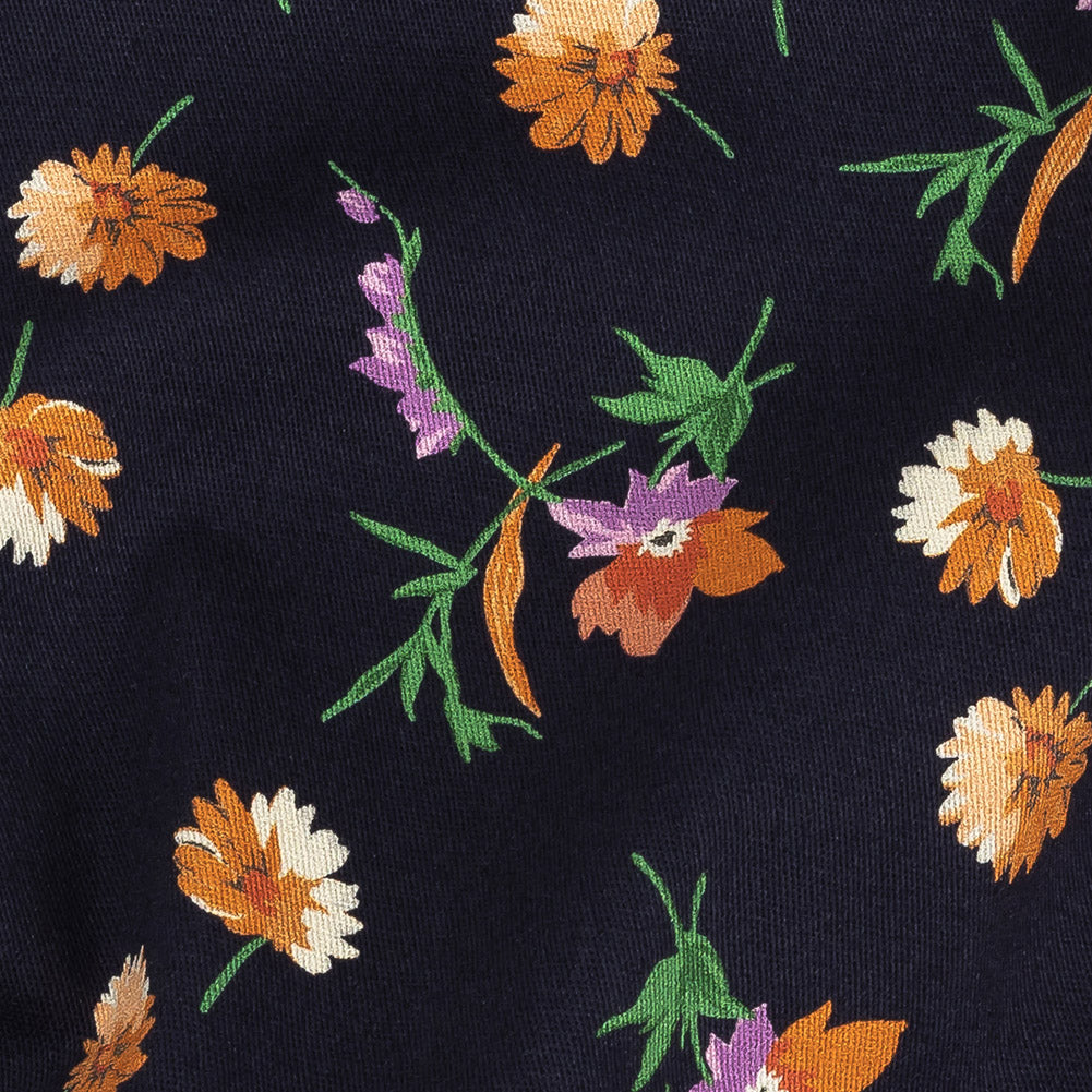 Stretch Cotton Twill Print - Midnight Navy and Orange Floral - Mood Exclusive Incandescent Waltz Detail