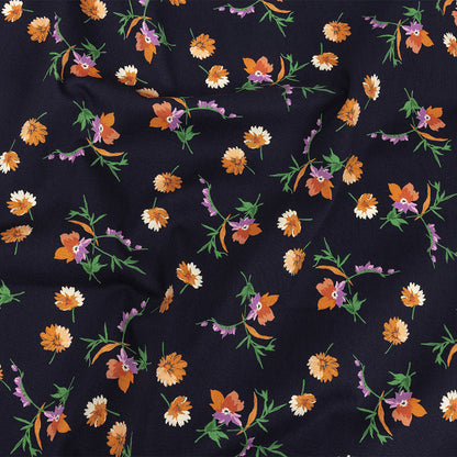 Stretch Cotton Twill Print - Midnight Navy and Orange Floral - Mood Exclusive Incandescent Waltz