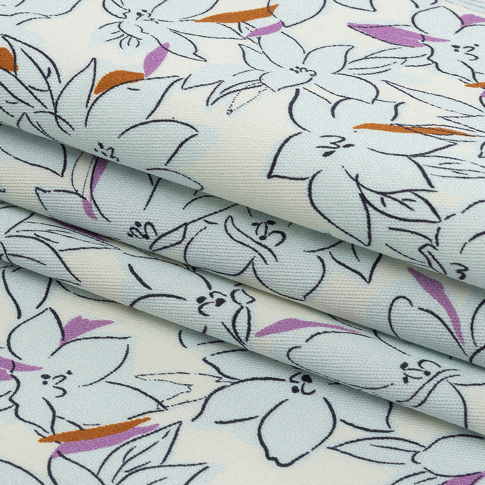 Stretch Cotton Twill Print - Ivory and Pale Blue Floral - Mood Exclusive Freesia Flock Folded