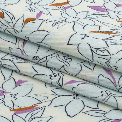 Stretch Cotton Twill Print - Ivory and Pale Blue Floral - Mood Exclusive Freesia Flock Folded
