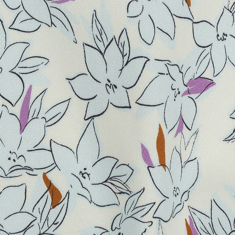Stretch Cotton Twill Print - Ivory and Pale Blue Floral - Mood Exclusive Freesia Flock Detail