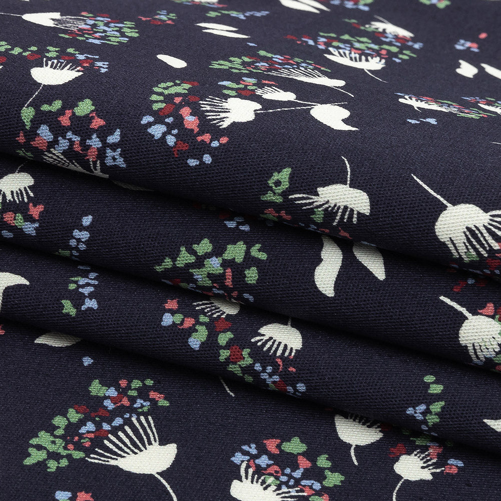 Stretch Cotton Twill Print - Midnight Navy and White Dandelion Floral - Mood Exclusive Feeling Dandy Folded
