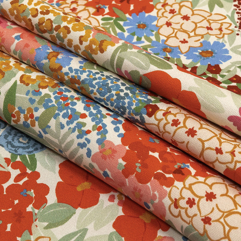Stretch Cotton Twill Print - Tangerine Floral - Mood Exclusive Bunches o' Blooms Folded