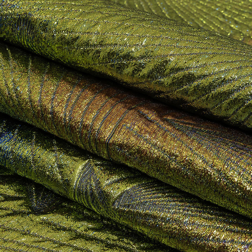 Metallic Copper, Lime and Royal Blue Fanning Rays Luxury Brocade Folded
