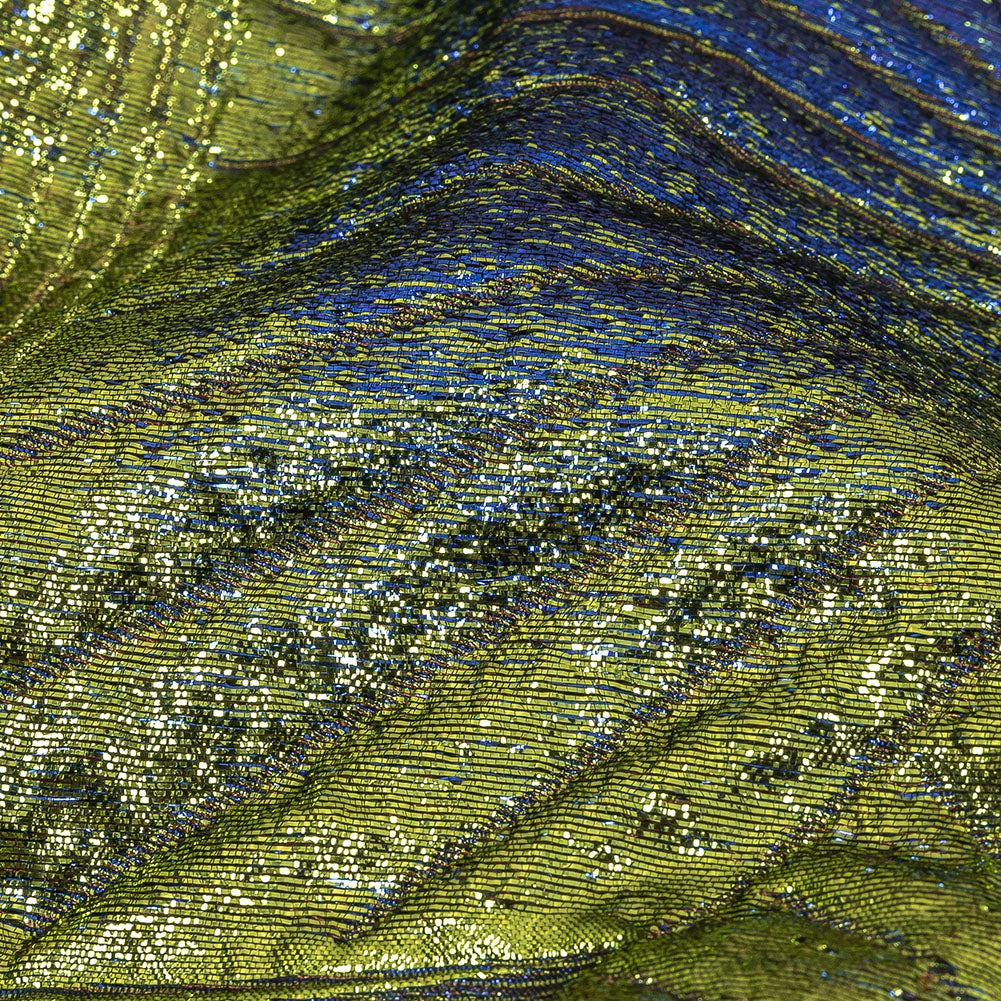 Metallic Copper, Lime and Royal Blue Fanning Rays Luxury Brocade Detail