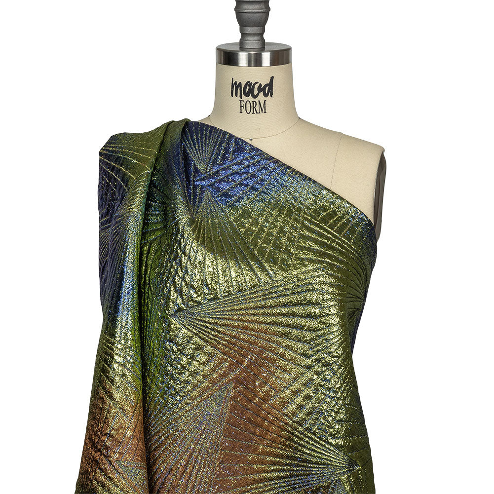 Metallic Copper, Lime and Royal Blue Fanning Rays Luxury Brocade Drape