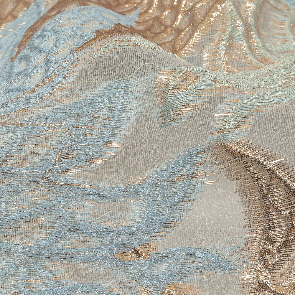 Metallic Gold and Baby Blue Leafy Luxury Burnout Brocade Detail