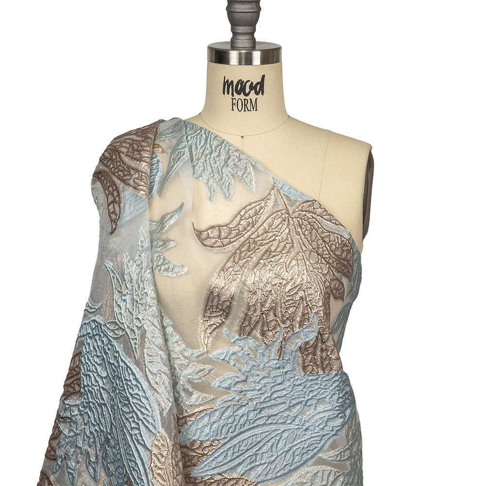 Metallic Gold and Baby Blue Leafy Luxury Burnout Brocade Drape
