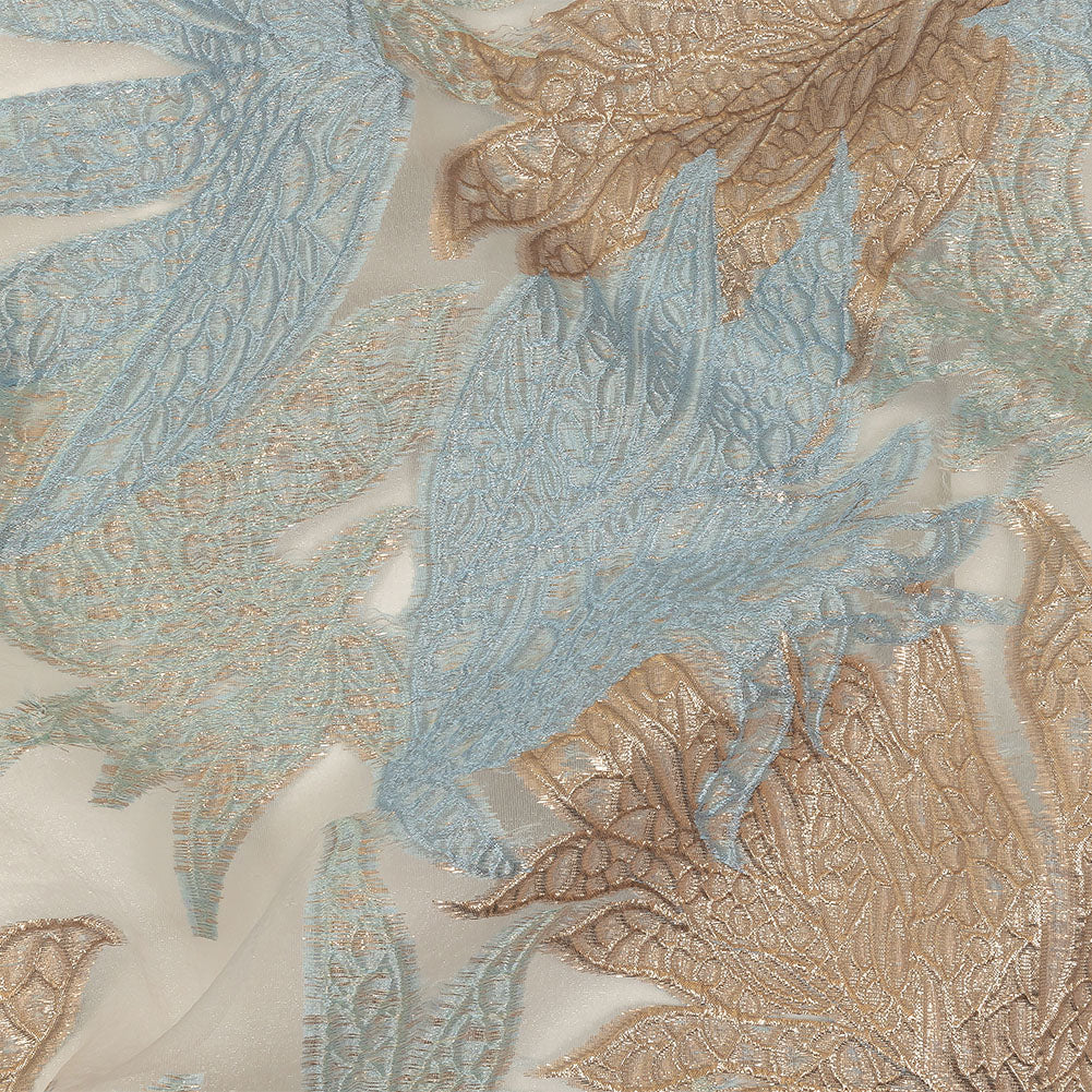 Metallic Gold and Baby Blue Leafy Luxury Burnout Brocade