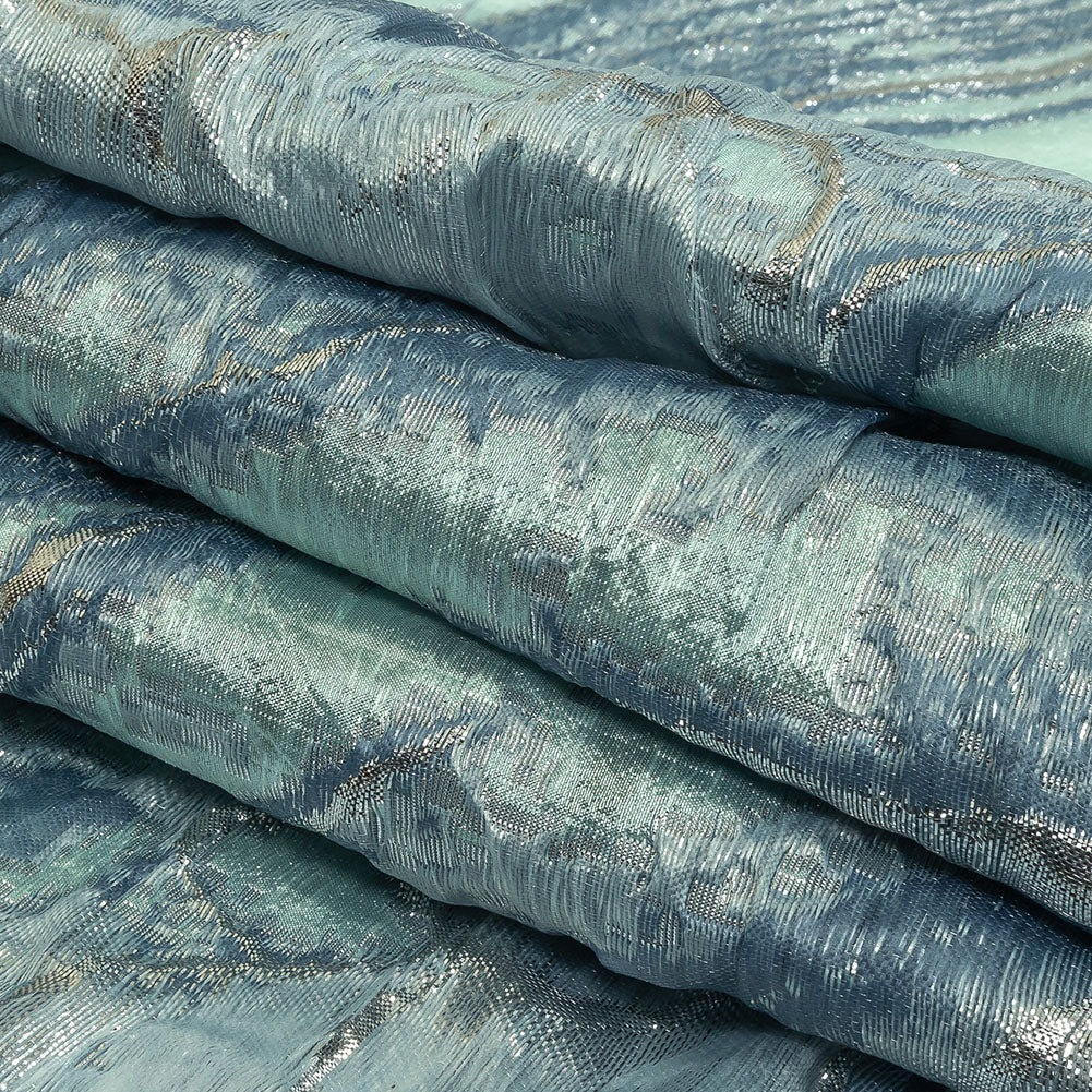 Metallic Silver, Aqua and Country Blue Marbled Luxury Brocade Folded