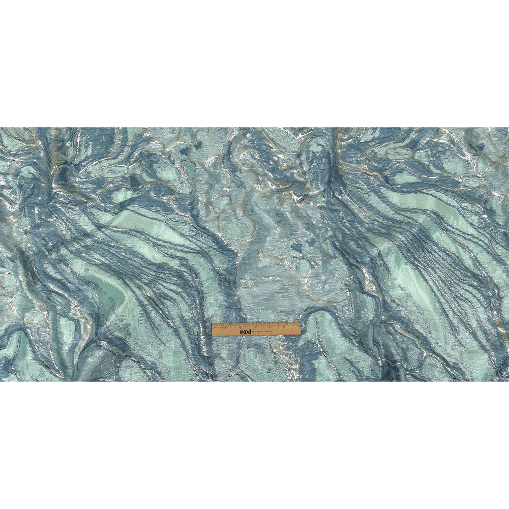 Metallic Silver, Aqua and Country Blue Marbled Luxury Brocade Full