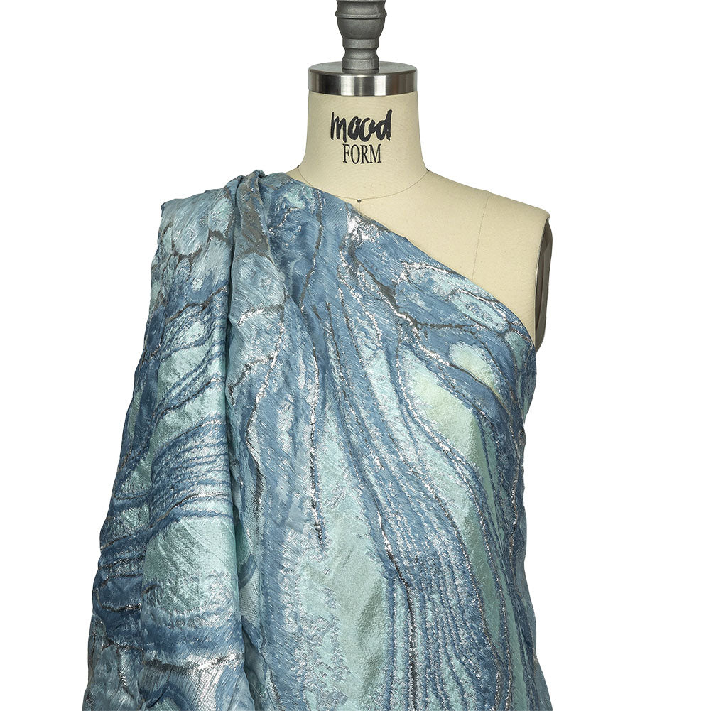 Metallic Silver, Aqua and Country Blue Marbled Luxury Brocade Drape