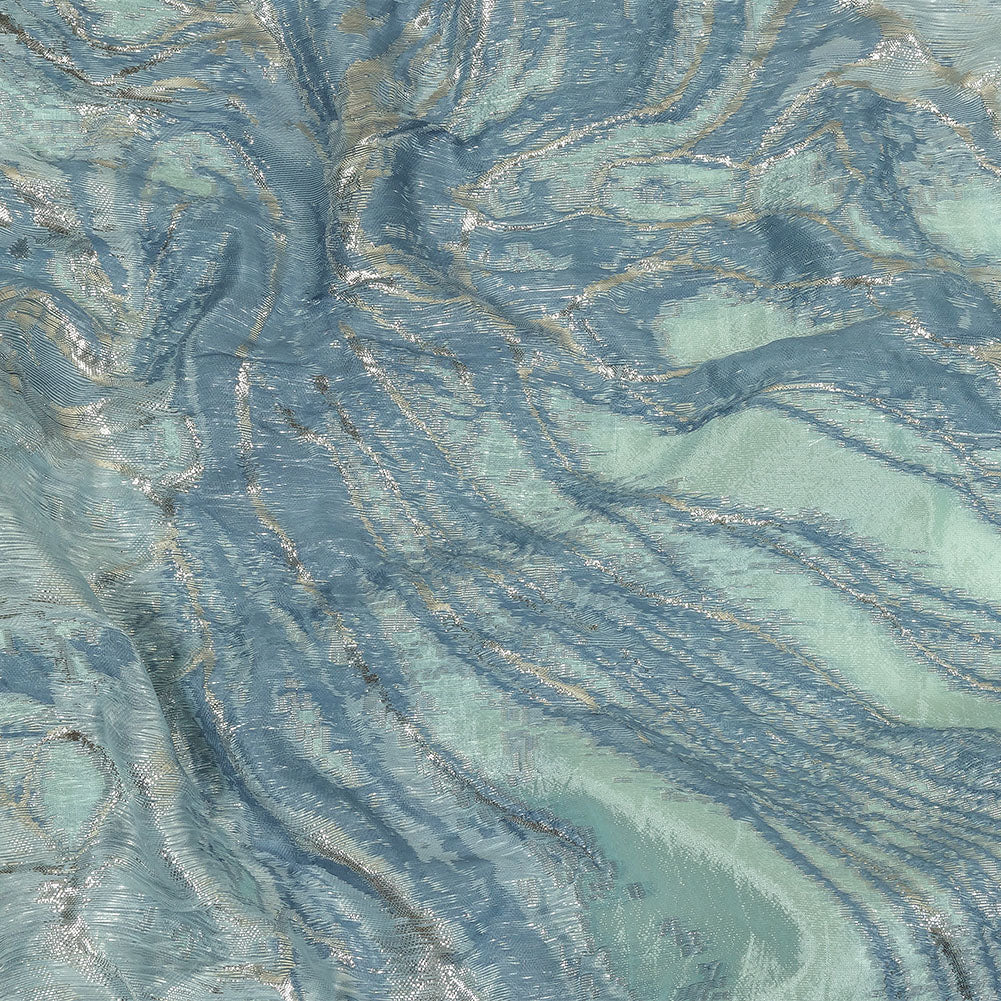 Metallic Silver, Aqua and Country Blue Marbled Luxury Brocade