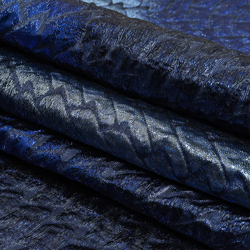 Metallic Royal Blue, Silver and Black Abstract Mosaic Luxury Brocade Folded