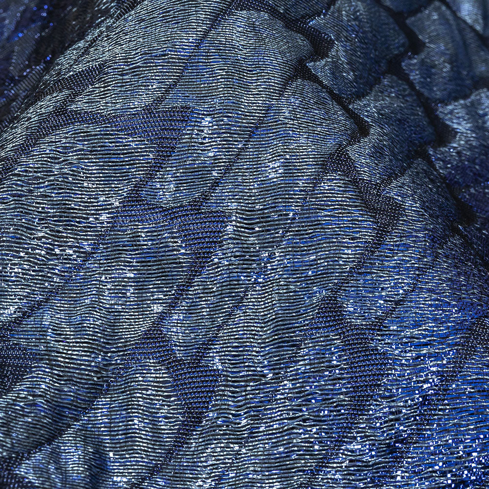 Metallic Royal Blue, Silver and Black Abstract Mosaic Luxury Brocade Detail