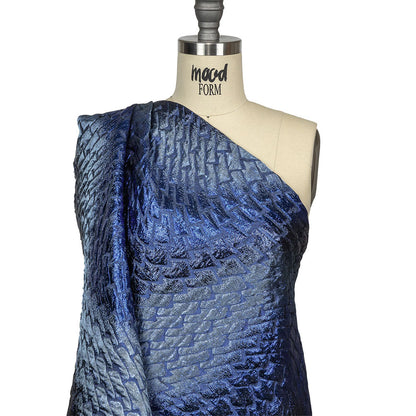 Metallic Royal Blue, Silver and Black Abstract Mosaic Luxury Brocade Drape