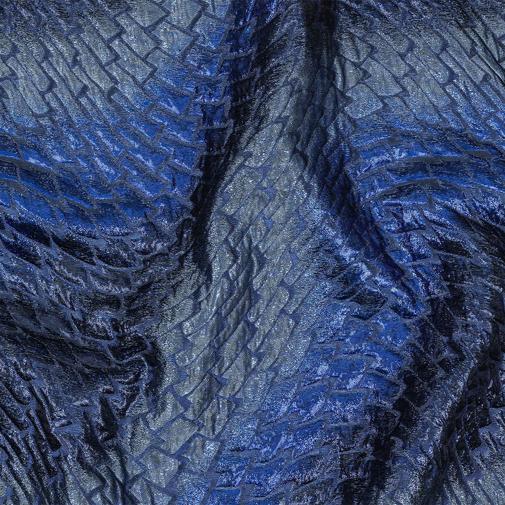 Metallic Royal Blue, Silver and Black Abstract Mosaic Luxury Brocade