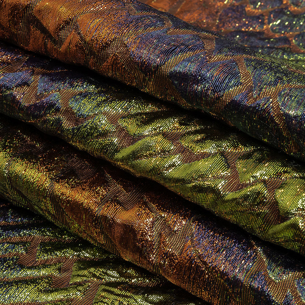 Metallic Orange, Lime and Navy Abstract Mosaic Luxury Brocade Folded