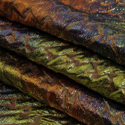 Metallic Orange, Lime and Navy Abstract Mosaic Luxury Brocade Folded