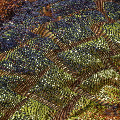 Metallic Orange, Lime and Navy Abstract Mosaic Luxury Brocade Detail