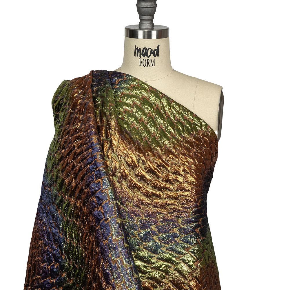 Metallic Orange, Lime and Navy Abstract Mosaic Luxury Brocade Drape
