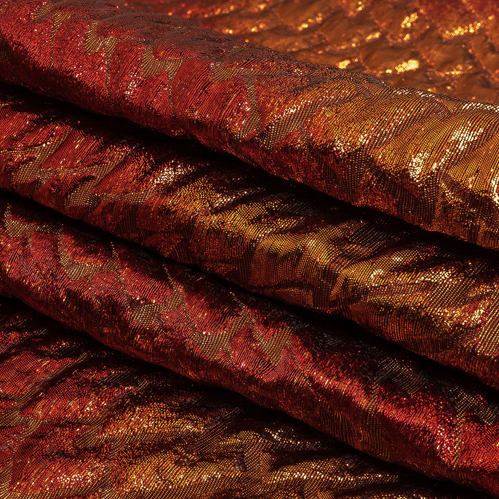 Metallic Copper, Scarlet and Wine Abstract Mosaic Luxury Brocade Folded