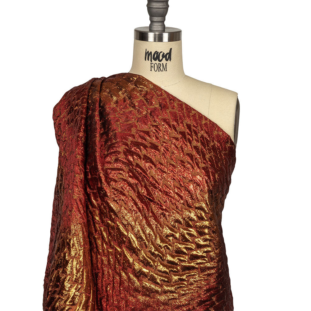 Metallic Copper, Scarlet and Wine Abstract Mosaic Luxury Brocade Drape