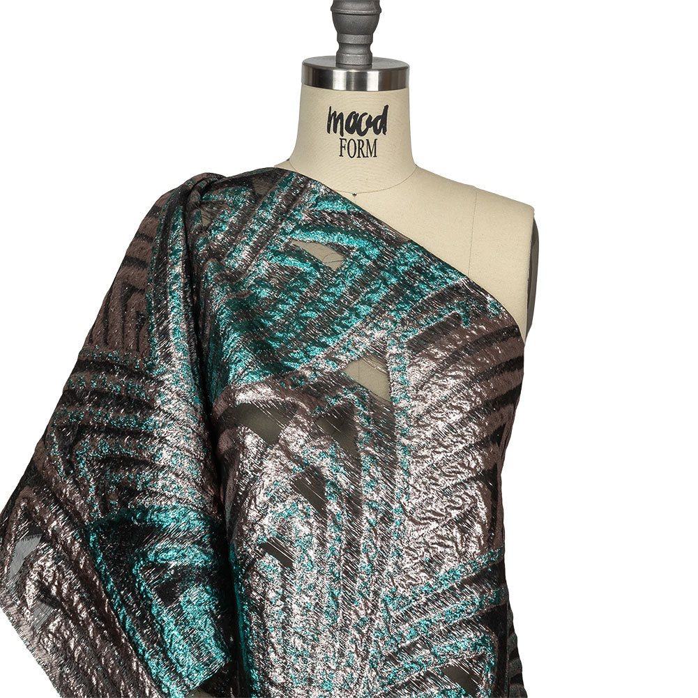 Metallic Teal and Pale Pink Abstract Sheer Luxury Burnout Brocade Drape