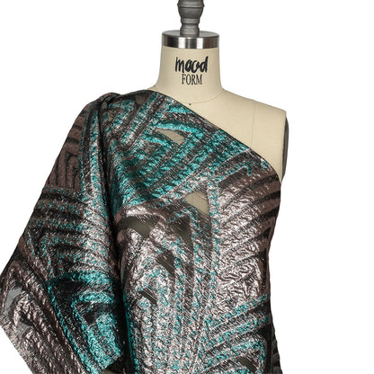 Metallic Teal and Pale Pink Abstract Sheer Luxury Burnout Brocade Drape
