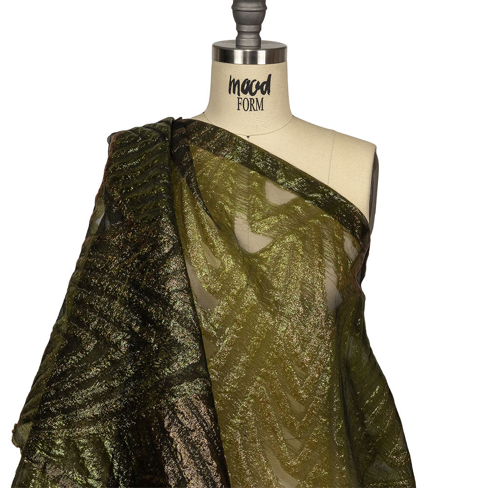 Metallic Olive and Gold Abstract Sheer Luxury Burnout Brocade Drape