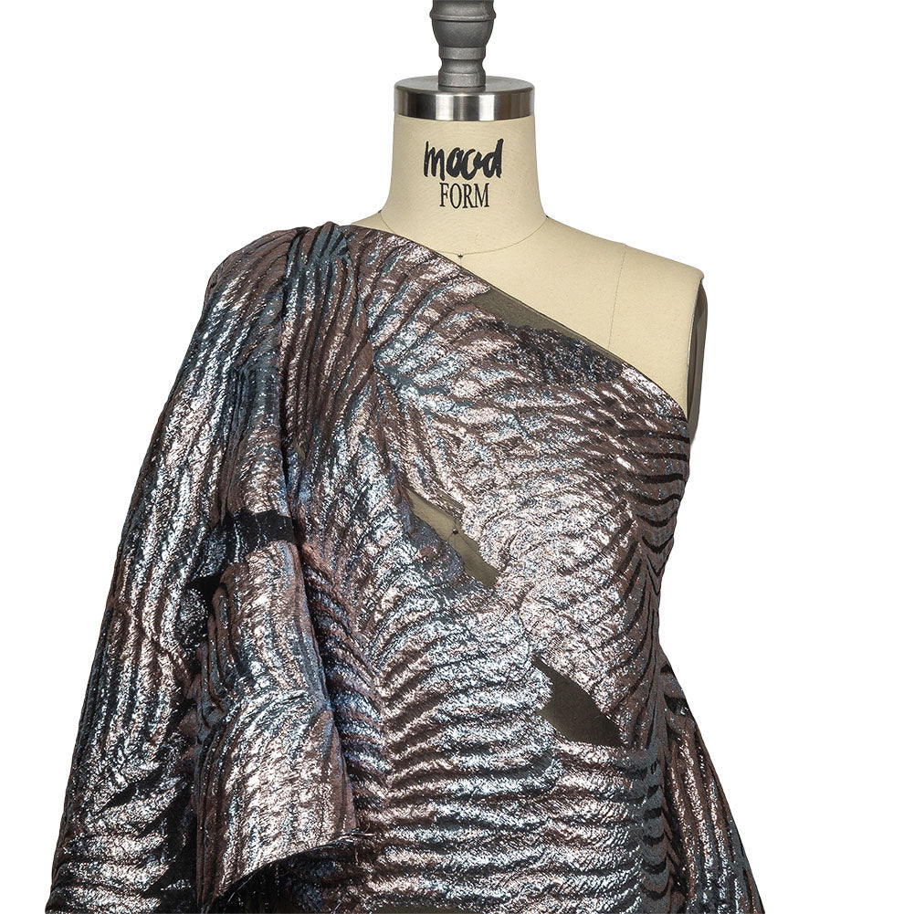 Metallic Sky and Rose Gold Leafy Luxury Burnout Brocade Drape