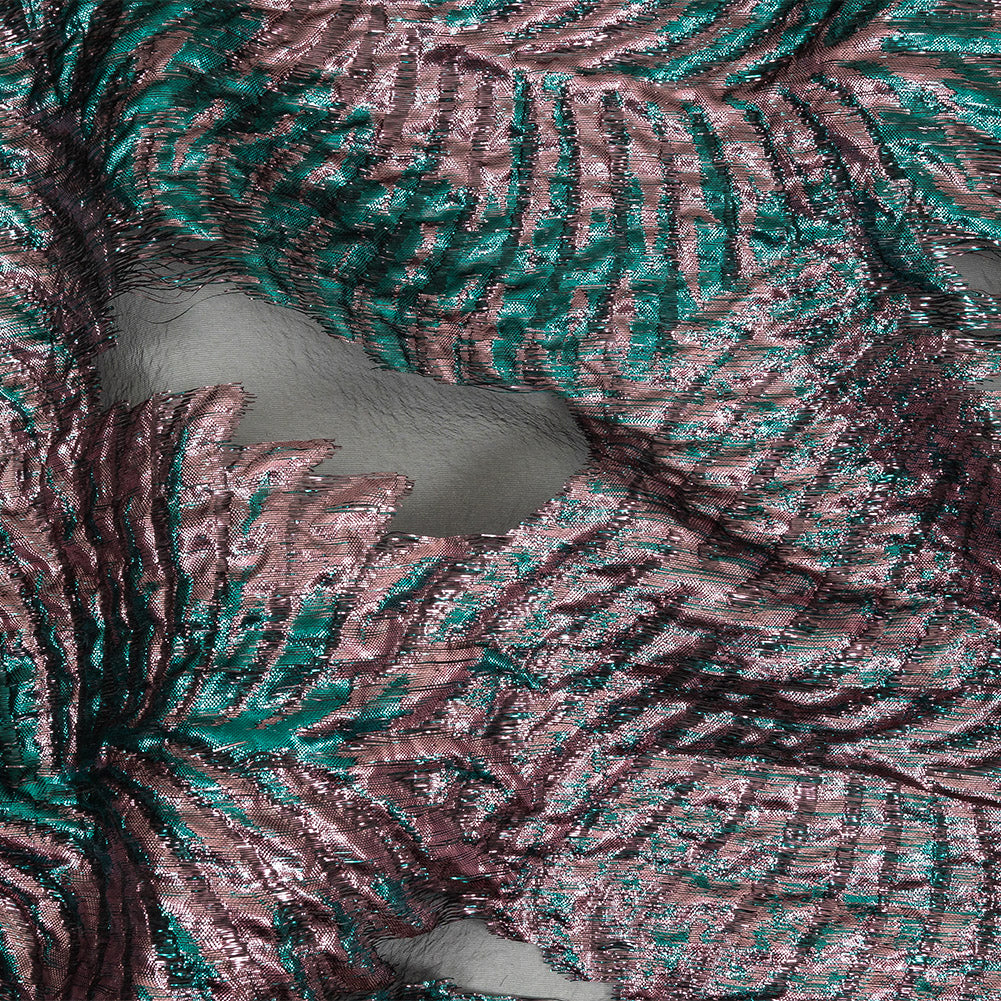 Metallic Teal and Baby Pink Leafy Luxury Burnout Brocade